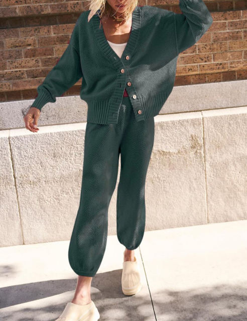 Blue-green Waffle Button Cardigan and Pant Set