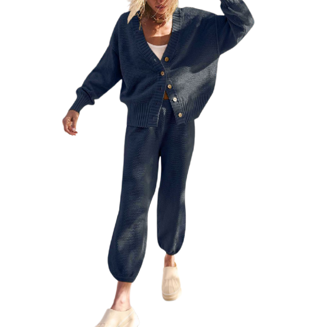 Blue Waffle Button Cardigan and Pant Set