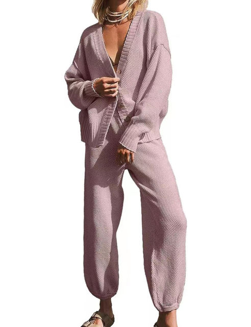 Light Purple Waffle Button Cardigan and Pant Set