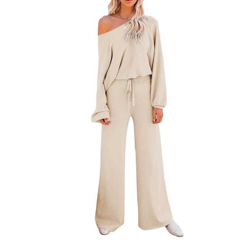Apricot Loose Fit Long Sleeve Top and Wide Leg Pant Lounge Set