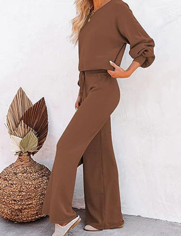 Coffee Loose Fit Long Sleeve Top and Wide Leg Pant Lounge Set