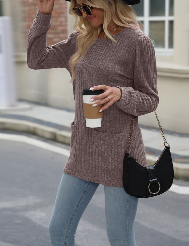 Light Coffee Ribbed Loose Fit Pocket Long Sleeve Tops