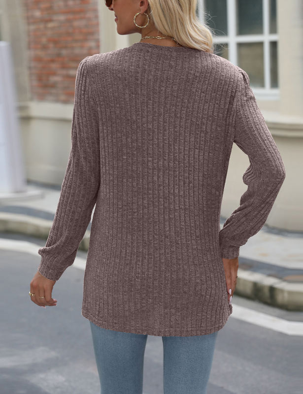 Light Coffee Ribbed Loose Fit Pocket Long Sleeve Tops