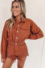 Gold Flame Long Sleeve Snap Buttons Distressed Denim Romper