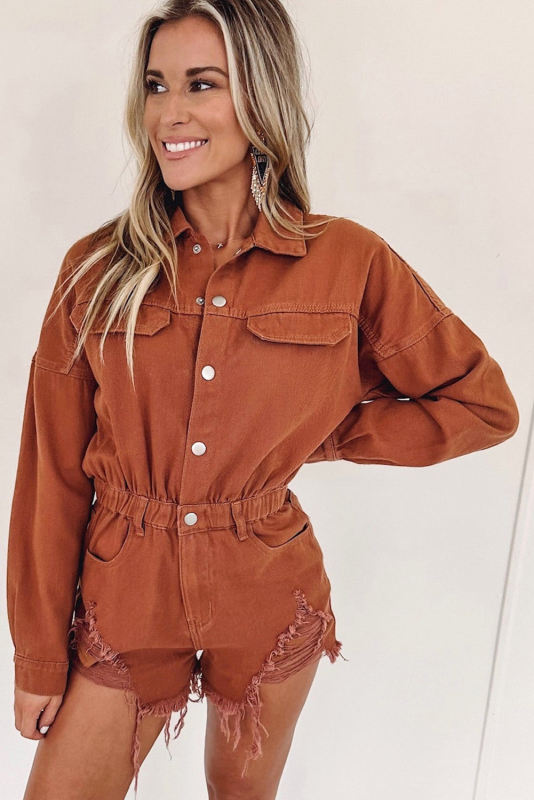 Gold Flame Long Sleeve Snap Buttons Distressed Denim Romper
