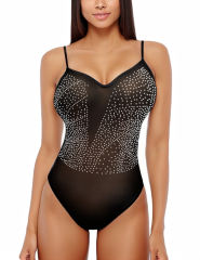 Black Rhinestones Mesh V Neck Spaghetti Straps Bodysuit