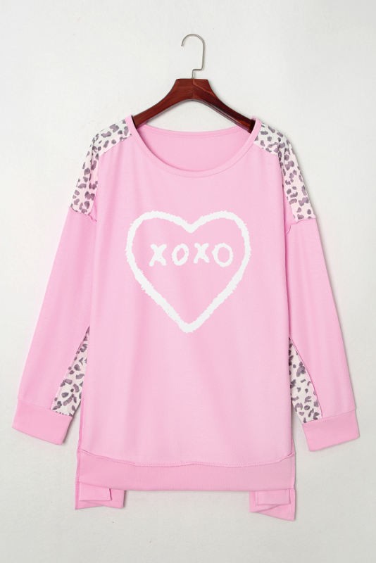 Pink xoxo Heart Print Leopard Patched Plus Sweatshirt
