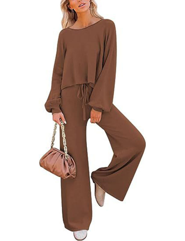 Coffee Loose Fit Long Sleeve Top and Wide Leg Pant Lounge Set
