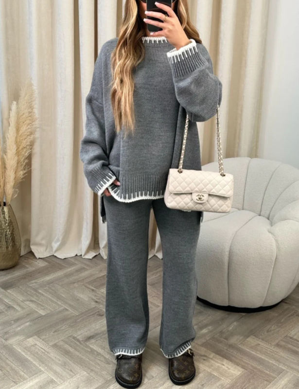 Gray Loose Fit Split Sweater and Wide Leg Pant Lounge Set