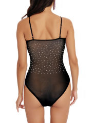 Black Rhinestones Mesh V Neck Spaghetti Straps Bodysuit