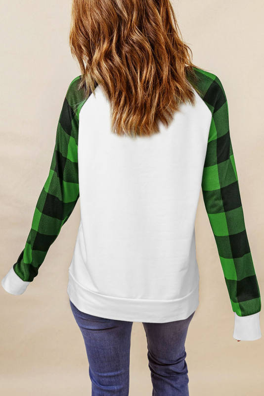 Green LUCKY Clover Print Plaid Raglan Sleeve Sweatshirt