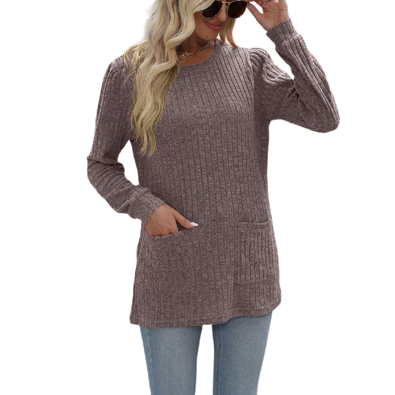 Light Coffee Ribbed Loose Fit Pocket Long Sleeve Tops