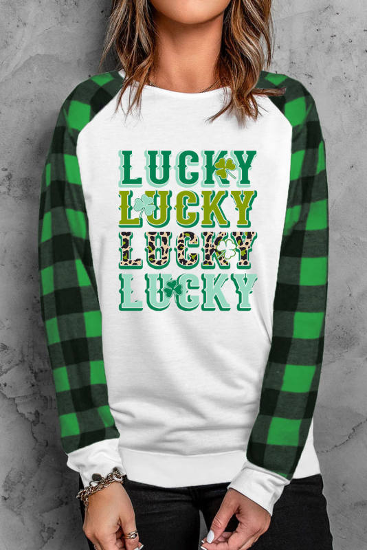 Green LUCKY Clover Print Plaid Raglan Sleeve Sweatshirt