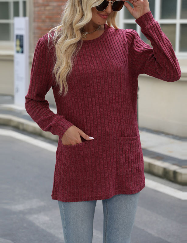 Wine Red Ribbed Loose Fit Pocket Long Sleeve Tops