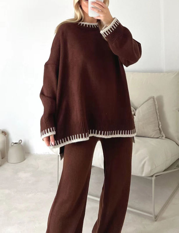 Brown Loose Fit Split Sweater and Wide Leg Pant Lounge Set