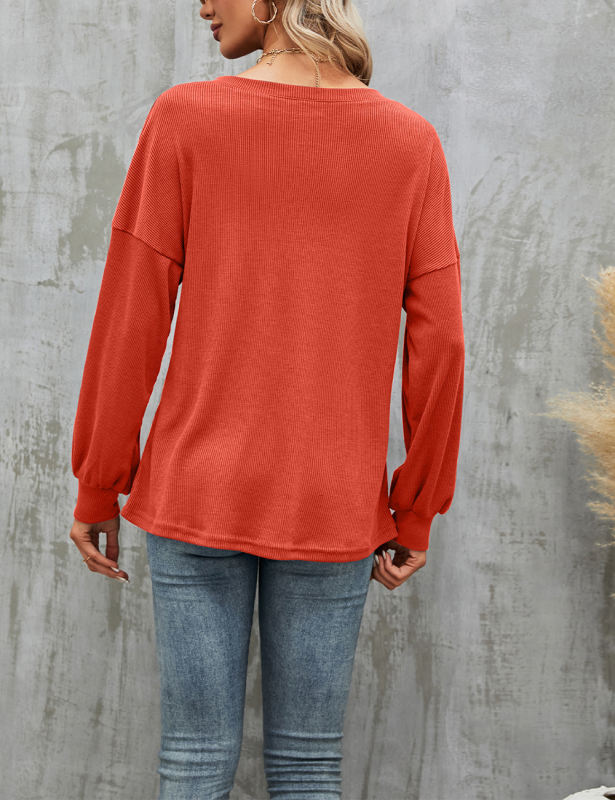 Orange Button-up Loose Fit Long Sleeve Tops