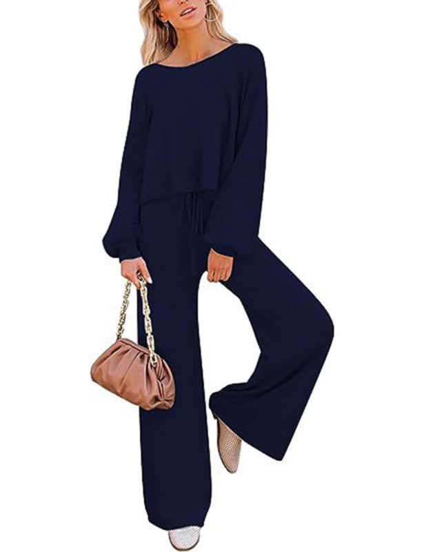 Navy Blue Loose Fit Long Sleeve Top and Wide Leg Pant Lounge Set