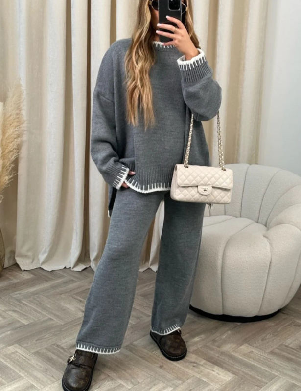 Gray Loose Fit Split Sweater and Wide Leg Pant Lounge Set