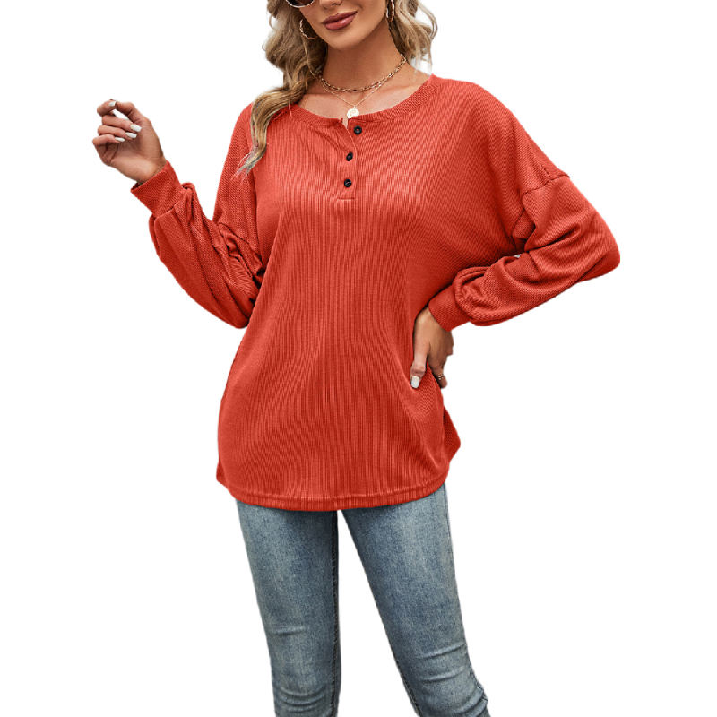 Orange Button-up Loose Fit Long Sleeve Tops