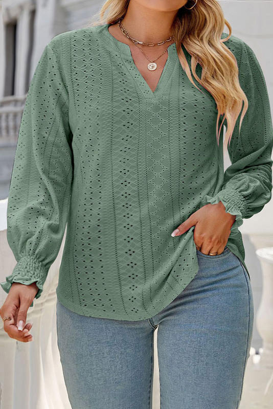 Green Eyelet Jacquard Split Neck Flounce Sleeve Plus Size Blouse