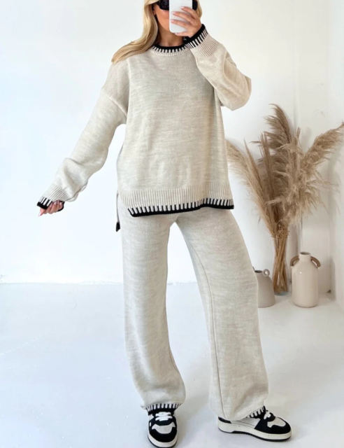 Beige Loose Fit Split Sweater and Wide Leg Pant Lounge Set