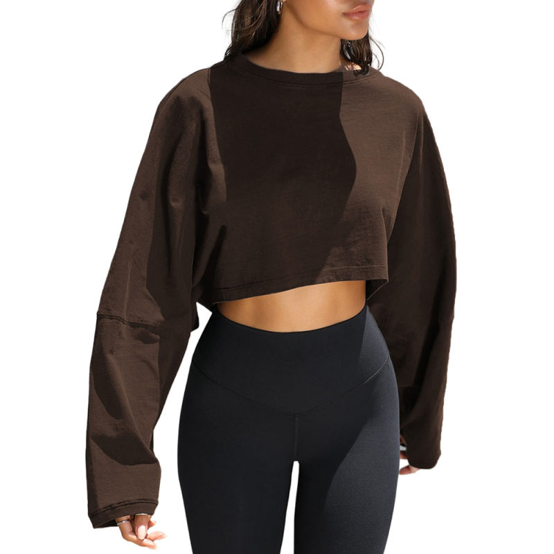 Brown Knit Sweatshirt Long Sleeve Crop Top