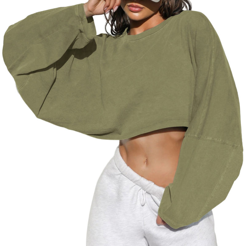Green Knit Sweatshirt Long Sleeve Crop Top