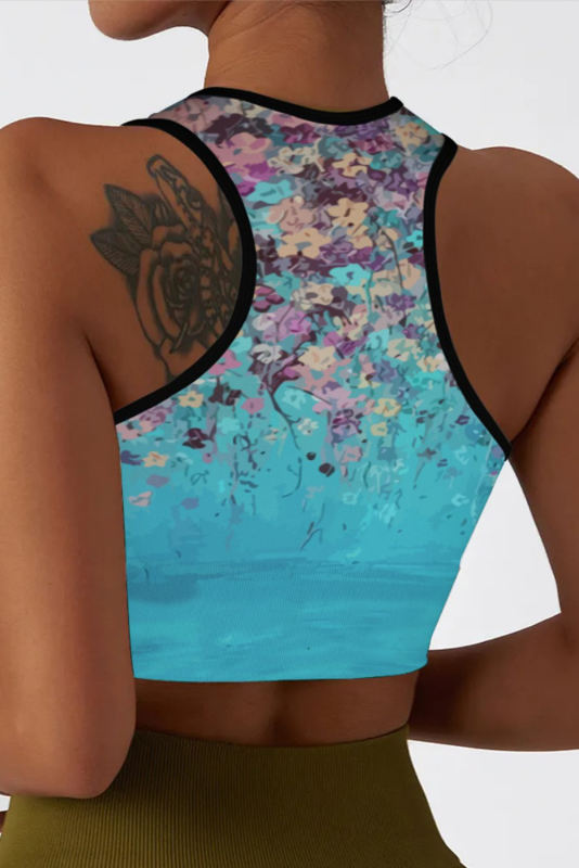 Sky Blue Abstract Floral Print Seamless Active Tank Top