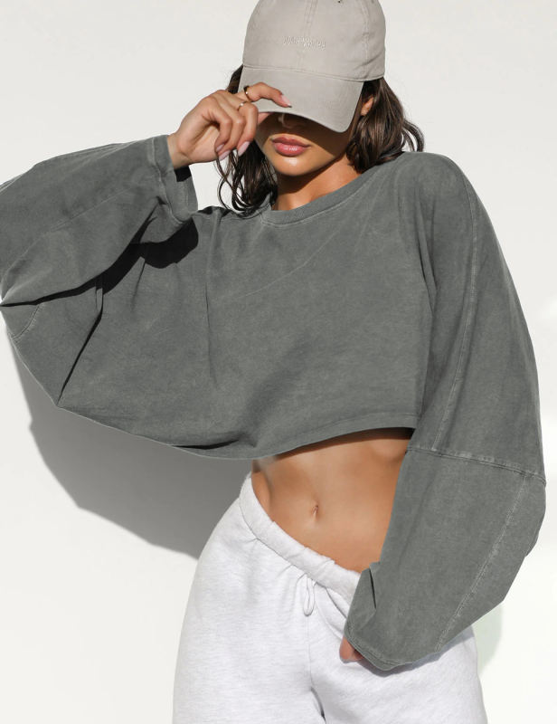 Light Gray Knit Sweatshirt Long Sleeve Crop Top
