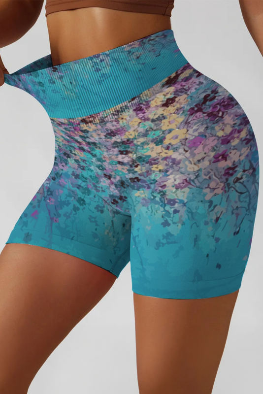 Sky Blue Abstract Floral Print Ribbed High Waist Yoga Shorts