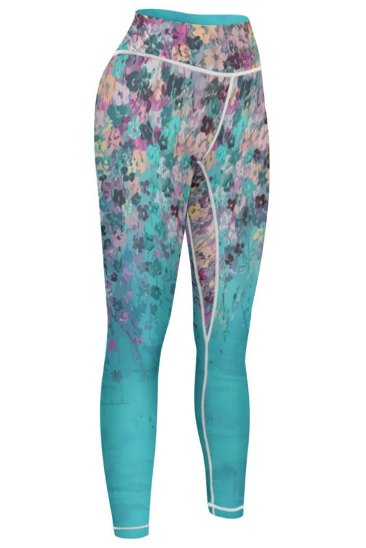 Sky Blue Contrast Trim Abstract Floral Yoga Pants