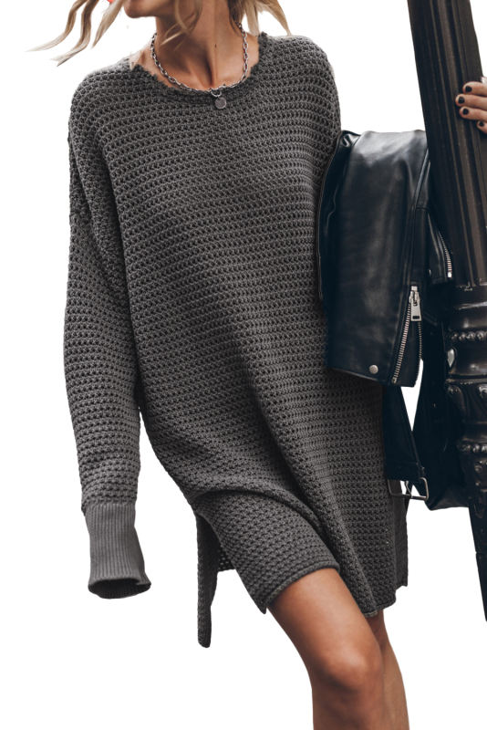 Dark Grey Solid Color Cable Knit Crew Neck Tunic Sweater