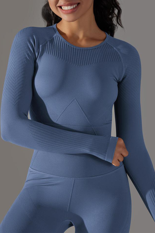 Ashleigh Blue Solid Color Thumbholes Long Sleeve Active Crop Top