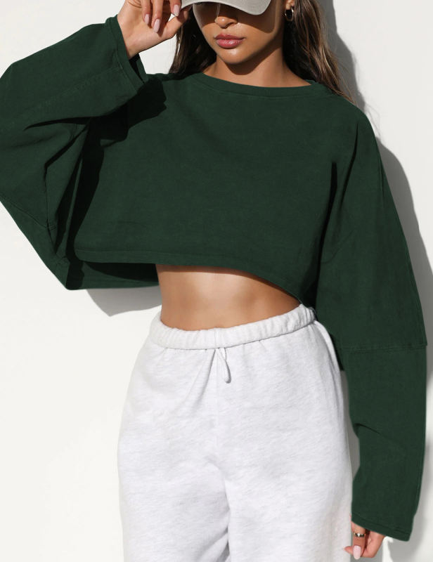 Dark Green Knit Sweatshirt Long Sleeve Crop Top