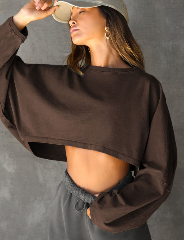 Brown Knit Sweatshirt Long Sleeve Crop Top