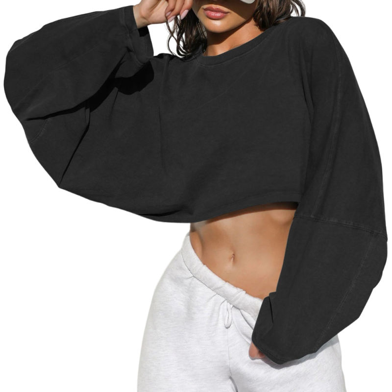 Black  Knit Sweatshirt Long Sleeve Crop Top