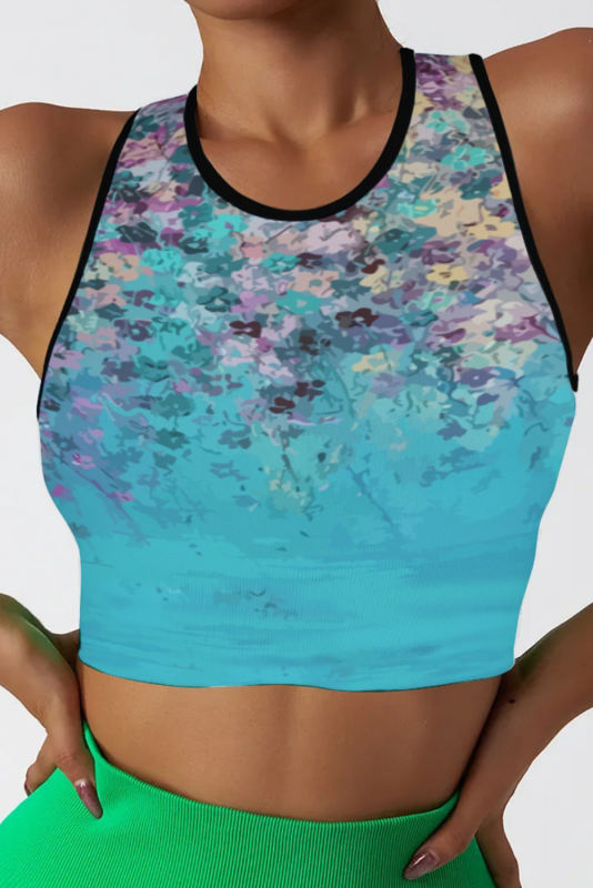 Sky Blue Abstract Floral Print Seamless Active Tank Top