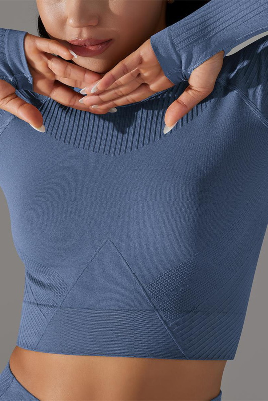 Ashleigh Blue Solid Color Thumbholes Long Sleeve Active Crop Top