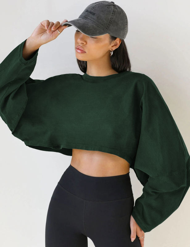 Dark Green Knit Sweatshirt Long Sleeve Crop Top