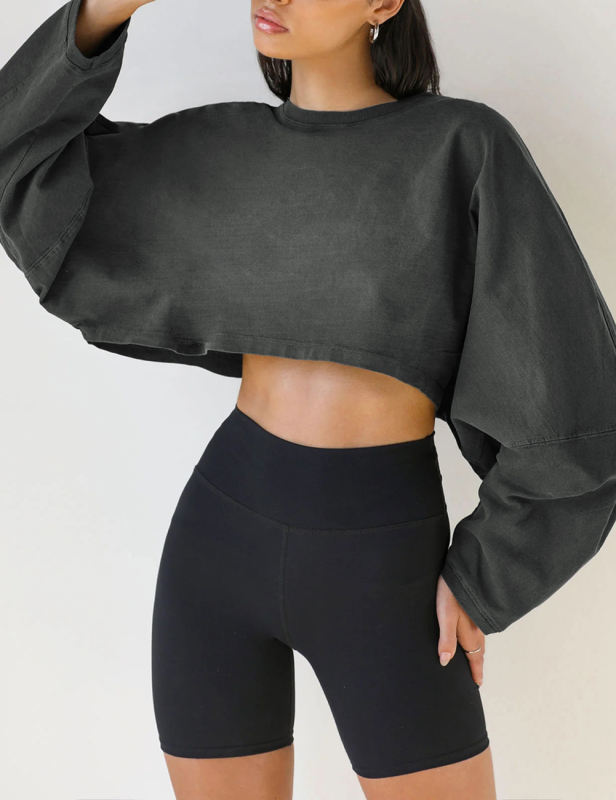 Dark Gray Knit Sweatshirt Long Sleeve Crop Top