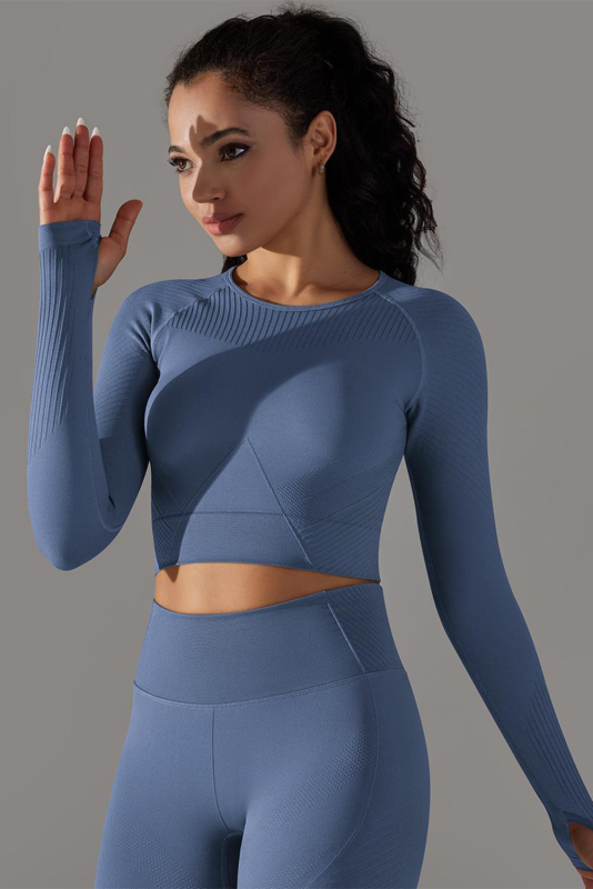 Ashleigh Blue Solid Color Thumbholes Long Sleeve Active Crop Top
