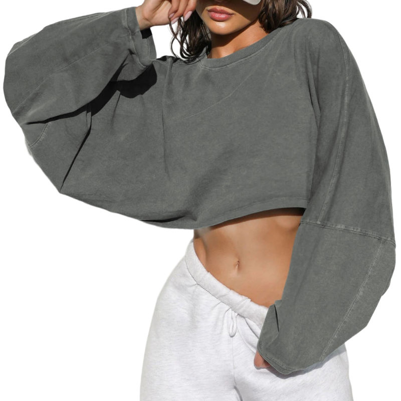 Light Gray Knit Sweatshirt Long Sleeve Crop Top
