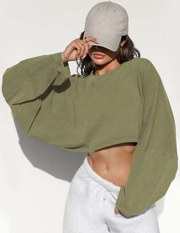 Green Knit Sweatshirt Long Sleeve Crop Top