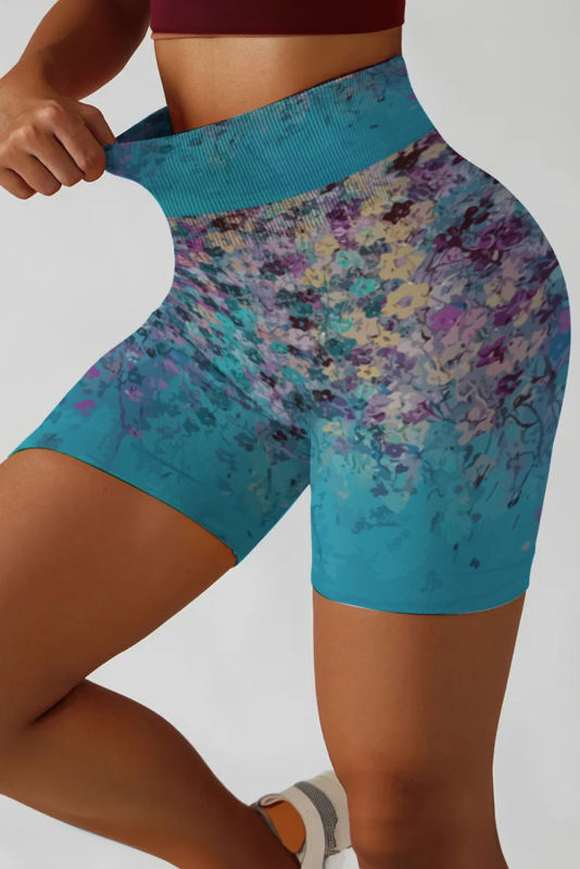 Sky Blue Abstract Floral Print Ribbed High Waist Yoga Shorts