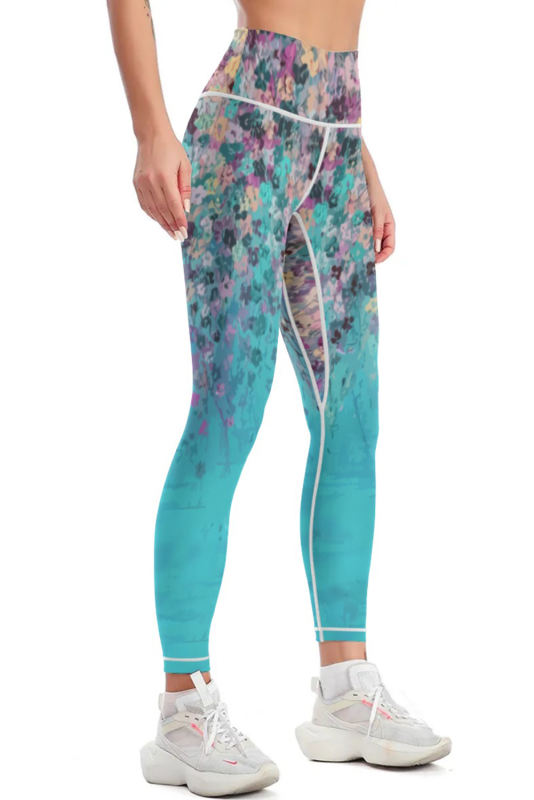 Sky Blue Contrast Trim Abstract Floral Yoga Pants