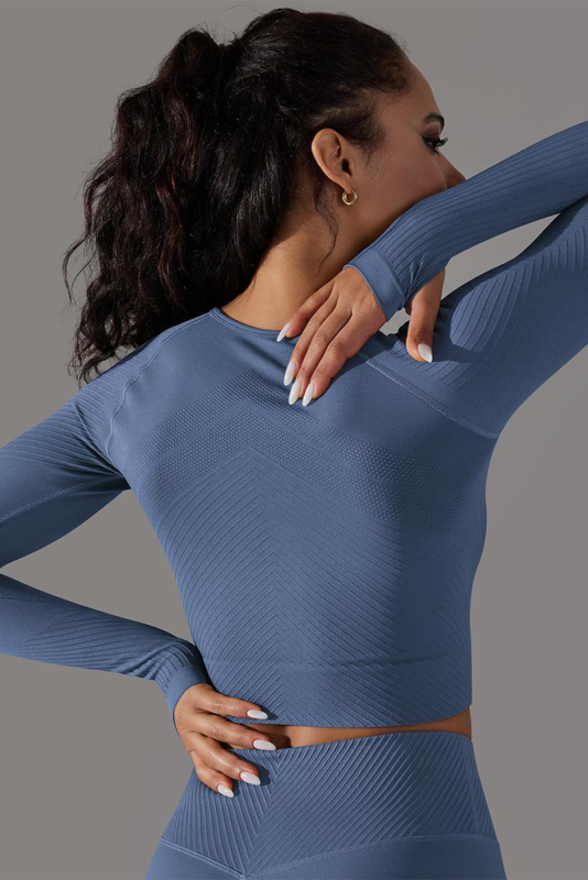 Ashleigh Blue Solid Color Thumbholes Long Sleeve Active Crop Top