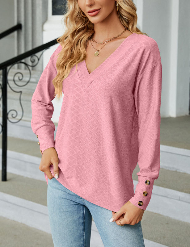 Pink V Neck Buttons Cuffs Jacquard Long Sleeve Tops