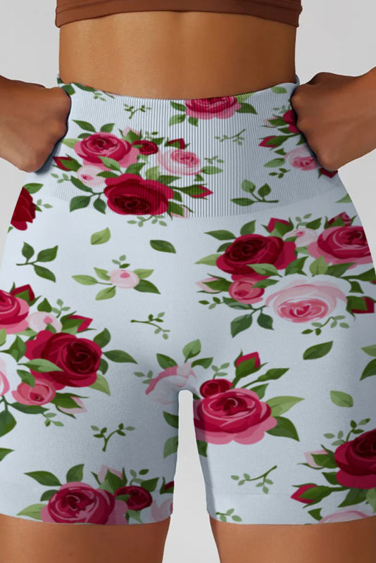 White Floral Print Seamless Tummy Control Yoga Shorts