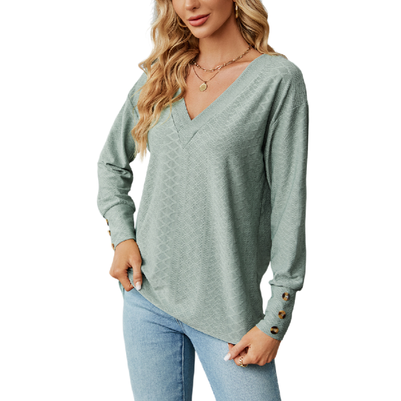 Pea Green V Neck Buttons Cuffs Jacquard Long Sleeve Tops