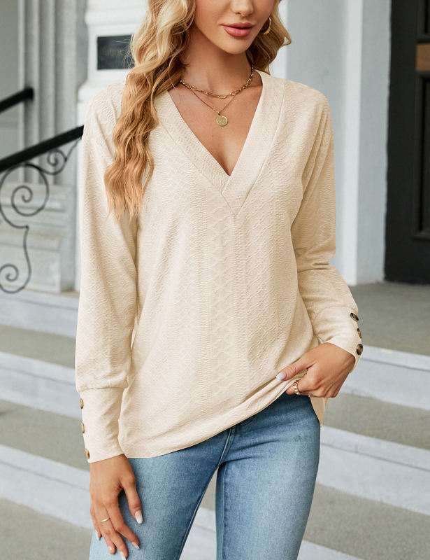 Apricot V Neck Buttons Cuffs Jacquard Long Sleeve Tops